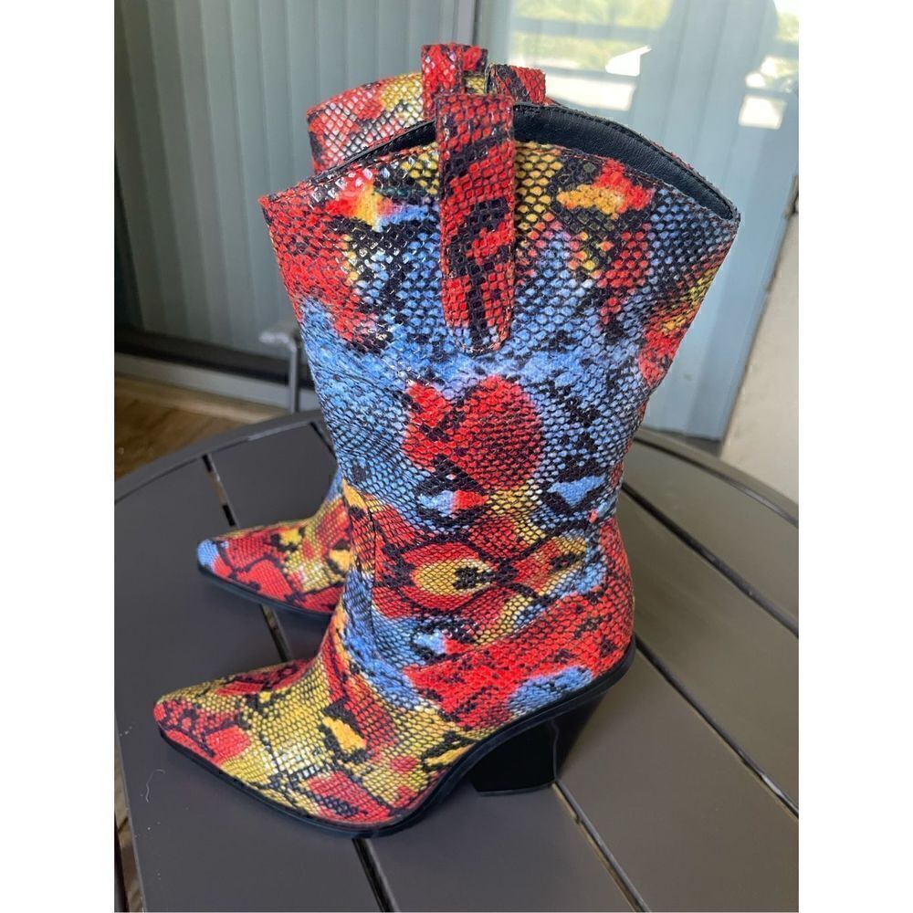 Azalea Wang Midcalf Multicolor Snakeskin Print Western Boots Red/Yellow Size 6 - Picture 9 of 14